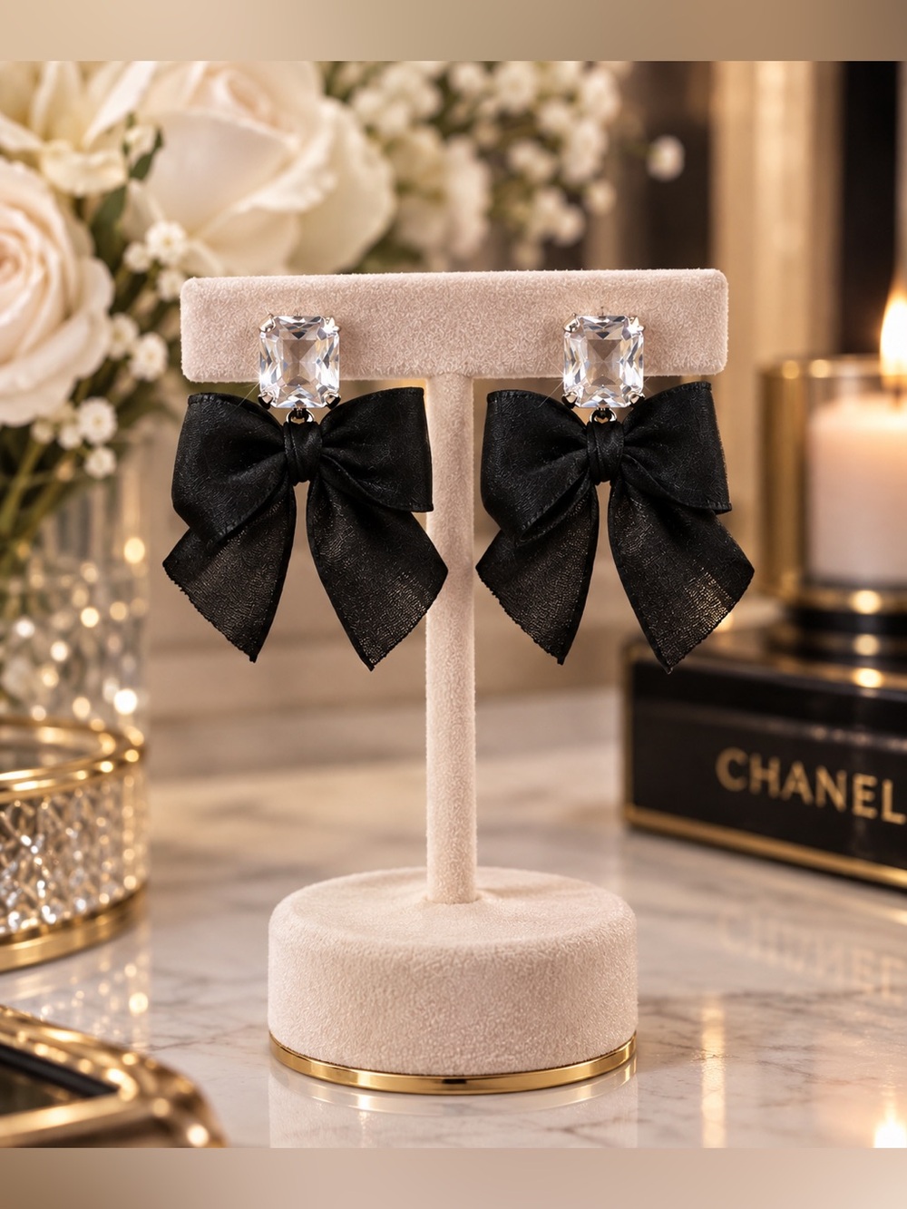 ✨ NEW ✨ Crystal Stud Black Bow Drop Earrings ✨